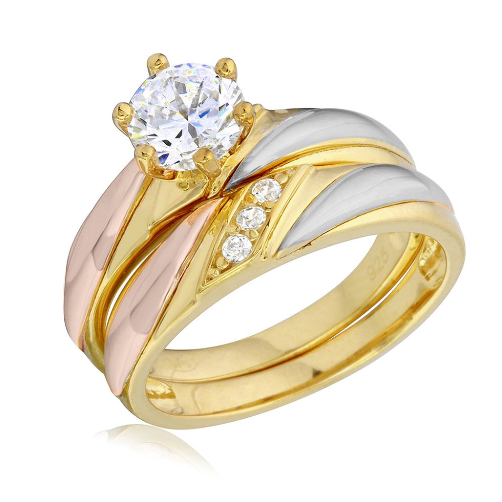 Sterling Silver 925 Tri- Colored Toned Overlap Cz Wedding Rings 121$